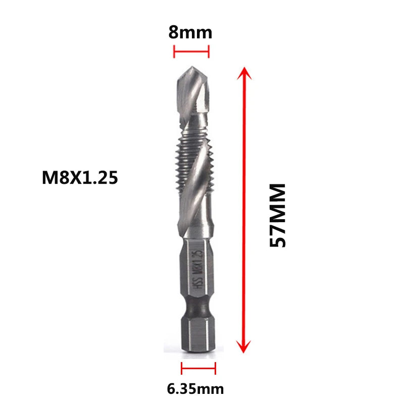 A titanium coated tap and drill bit set with an 8mm shank, measuring 57mm long.