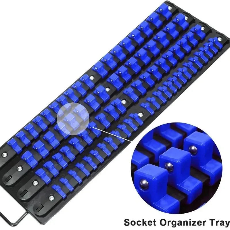 A black and blue multi-size socket organizer tray with numerous individual sockets.