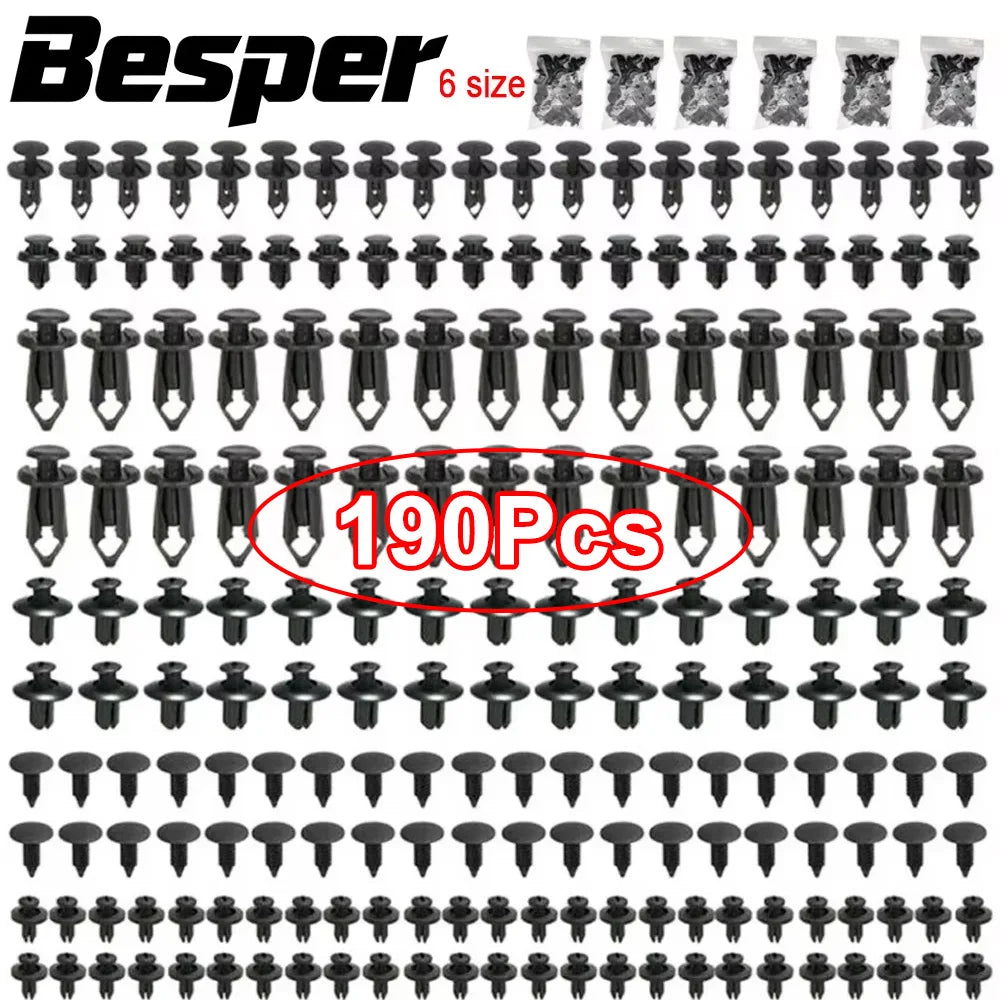A collection of black car retainer clips and fasteners in various sizes, packaged for automotive trim.