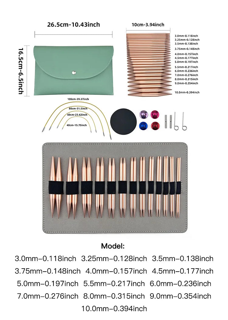 A set of interchangeable aluminum knitting and crochet needles in various sizes ranging from 3.0mm to 10.0mm.