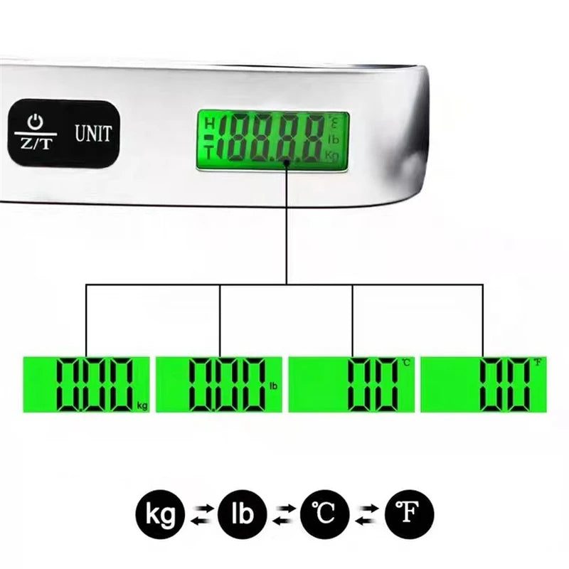 A portable digital weighing scale displaying weight measurements in kilograms and pounds.