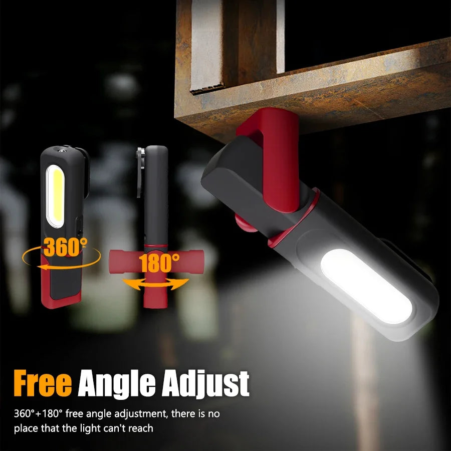 Portable LED work light with a red adjustable angle feature shown in various orientations.