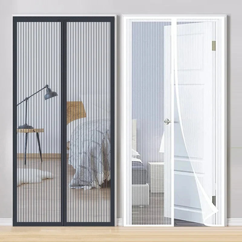 A pair of modern black vertical slat door screen netting doors next to a white framed glass door.