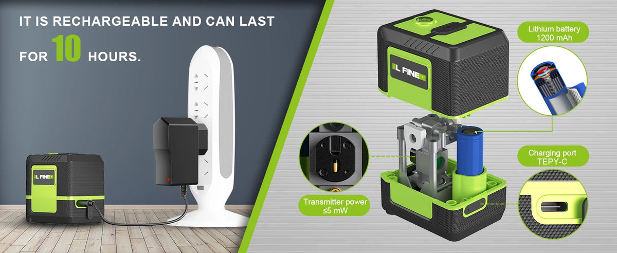 A professional 2-line laser level system showing a battery, transmitter, and receiver unit.