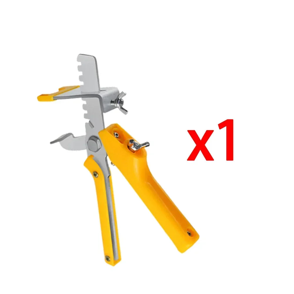 A yellow professional tile leveling and spacing kit with a metal tool is shown.