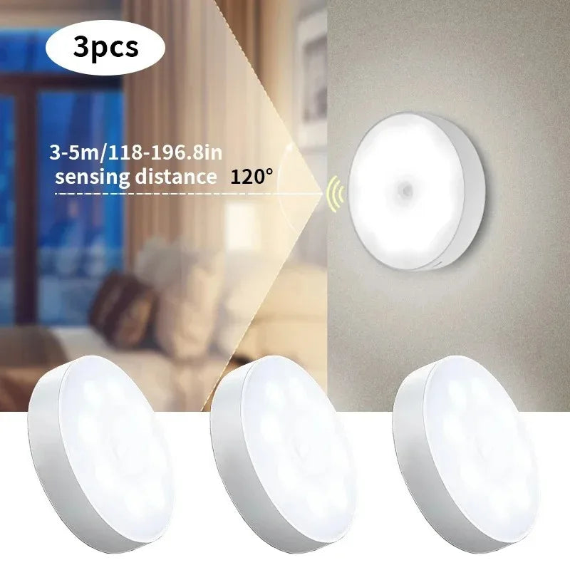 Three white automatic motion sensor night lights shown with a sensing distance of 3-5m and a 120-degree angle