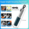 A portable LED flashlight with a zoom function shown alongside its charging cable and various features.