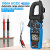 A blue and black clamp meter with a large blue dial and black handle is shown next to test probes.