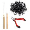 A set of professional hair extension pliers and micro rings, including a pair of red and black pliers and numerous small blac