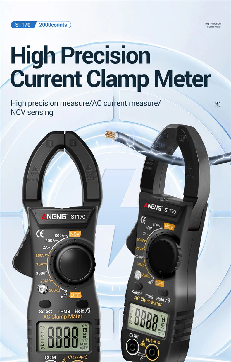 Black ANENG ST170 high precision current clamp meter with a probe and display screen