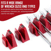 Red modular magnetic wrench organizer system with various sized wrenches and tools