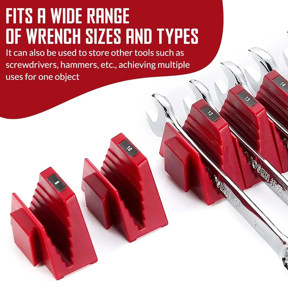 Red modular magnetic wrench organizer system with various sized wrenches and tools