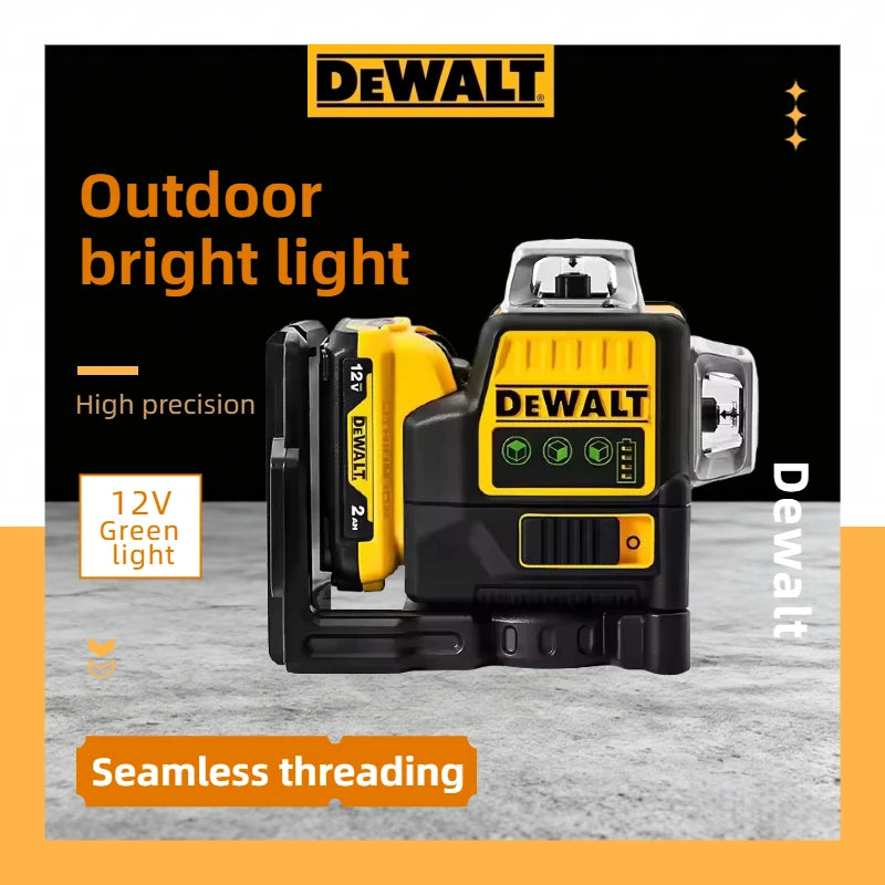 A yellow and black DEWALT outdoor bright light tool with a green light feature on a gray background.