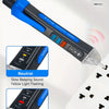 A blue and black non-contact voltage detector pen showing measurements for neutral and live wires.