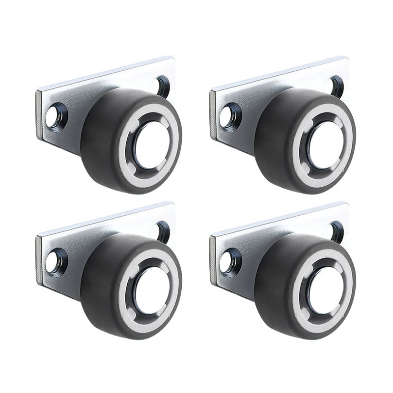 Four views of heavy-duty silent furniture casters with silver mounting plates and black wheels.