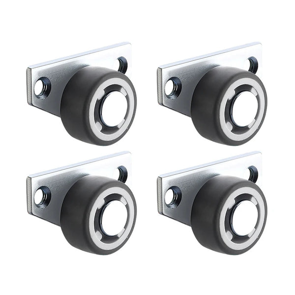 Four views of heavy-duty silent furniture casters with silver mounting plates and black wheels.