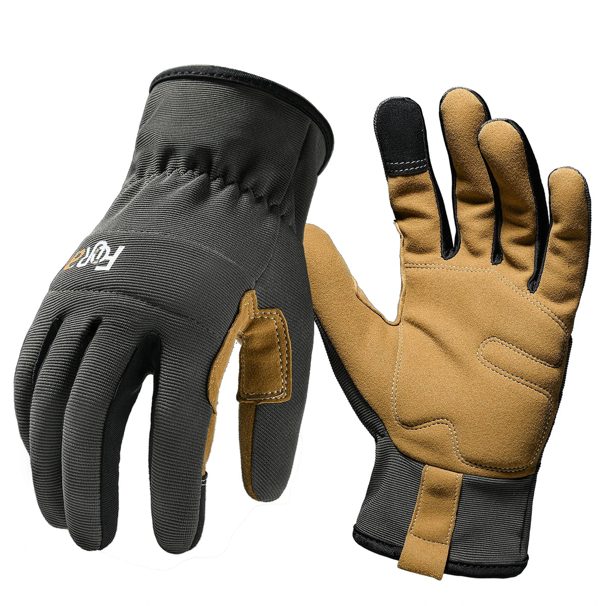 A pair of durable multi-purpose work gloves, one black and one tan brown.