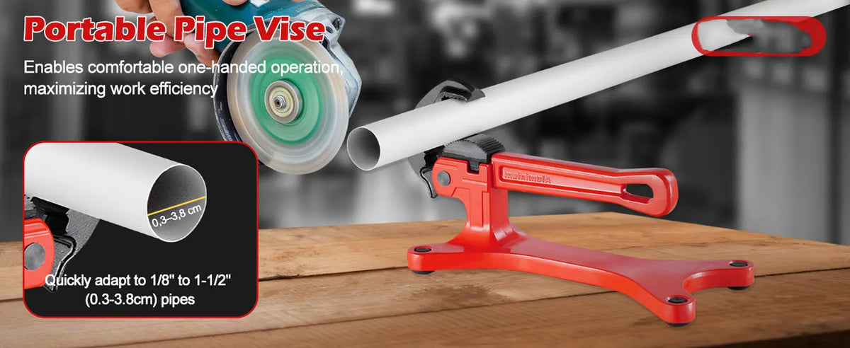 A red portable pipe vise is shown clamping a white pipe, demonstrating a one-handed operation for valve maintenance.