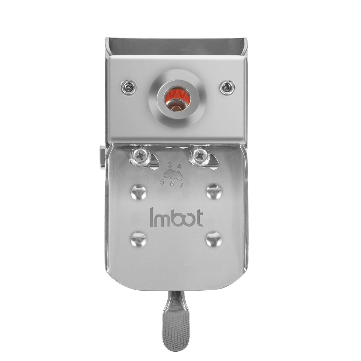 A silver cabinet hinge hole locator jig with a round opening and a threaded tip.