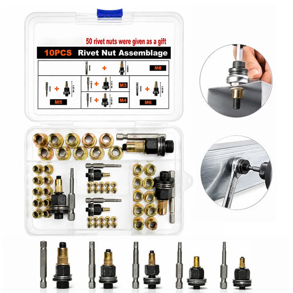 A kit of professional multi-sized rivet nuts and assemblies including various sizes and components.