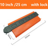 Orange precision contour gauge with a black lock and measurement markings