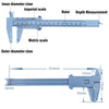 A precision plastic vernier caliper set showing inner and outer diameter claws, a ruler, and depth measurement markings.