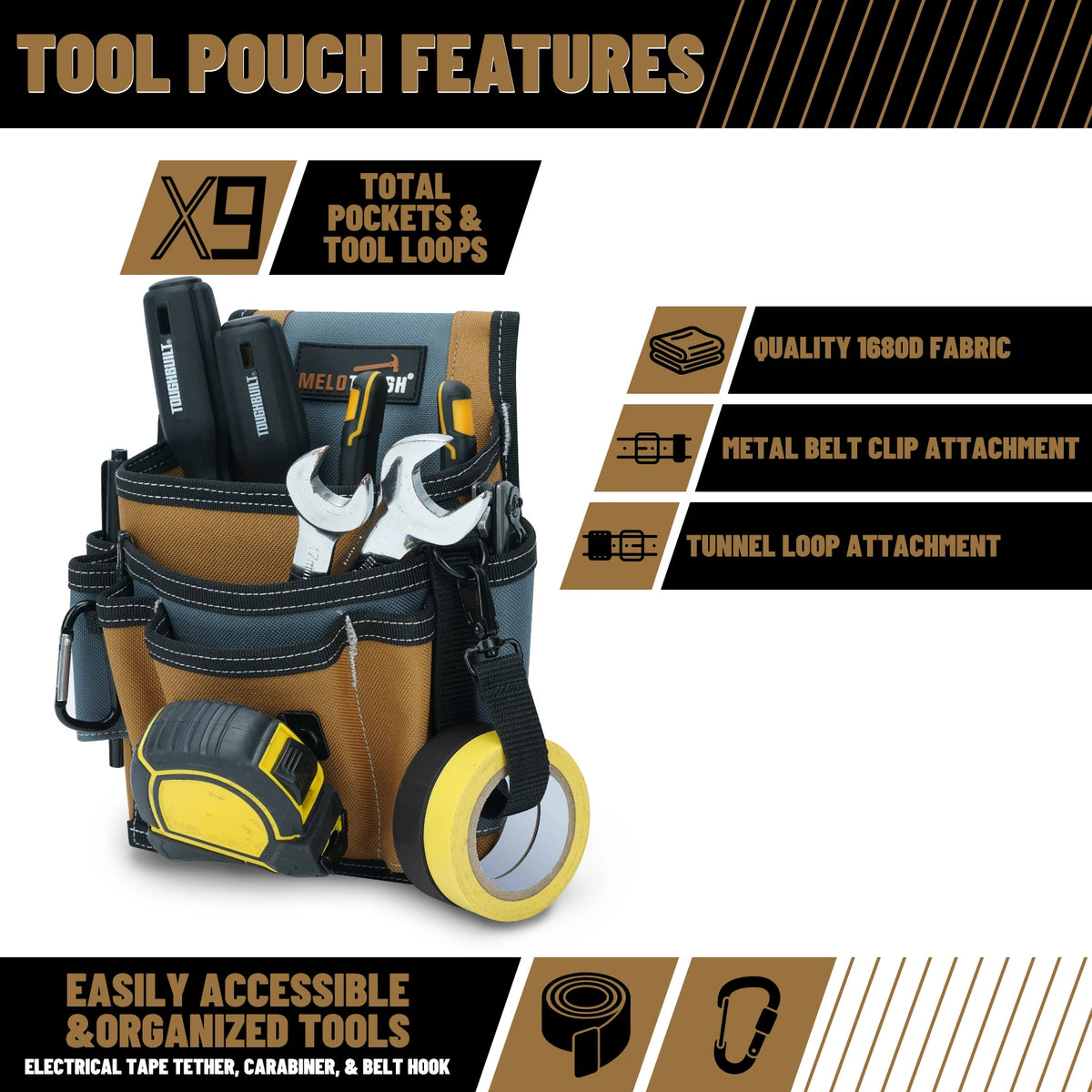 A brown and black tool pouch featuring multiple pockets, loops, and a yellow grip tool.