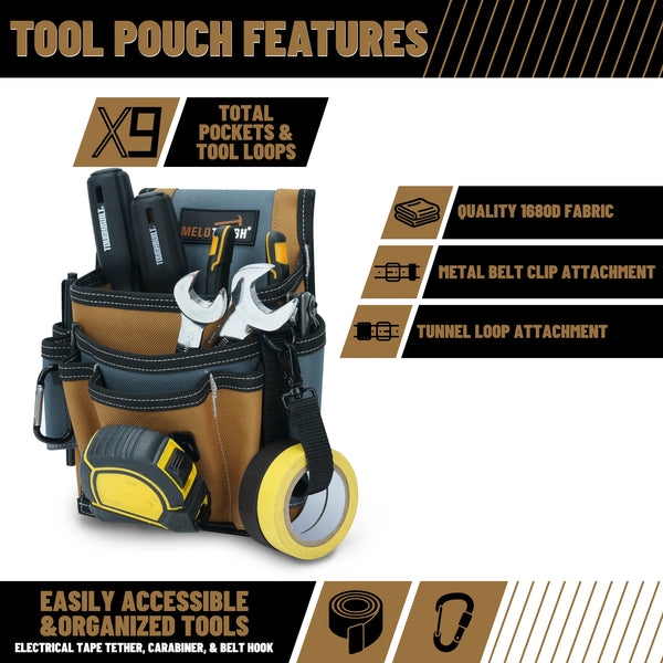 A brown and black tool pouch featuring multiple pockets, loops, and a yellow grip tool.