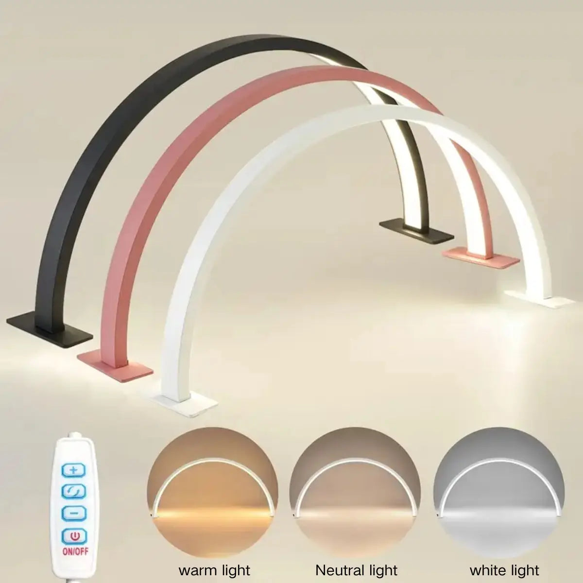 Ein Set aus drei verstellbaren Arc-Beauty-Lampen in Schwarz, Pink und Weiß, gezeigt neben hellen Farboptionen.
