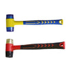 A set of two rubber and plastic hammers, one yellow and blue, and one red and black.