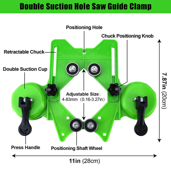 Green double suction hole saw guide clamp with positioning holes and a retractable chuck