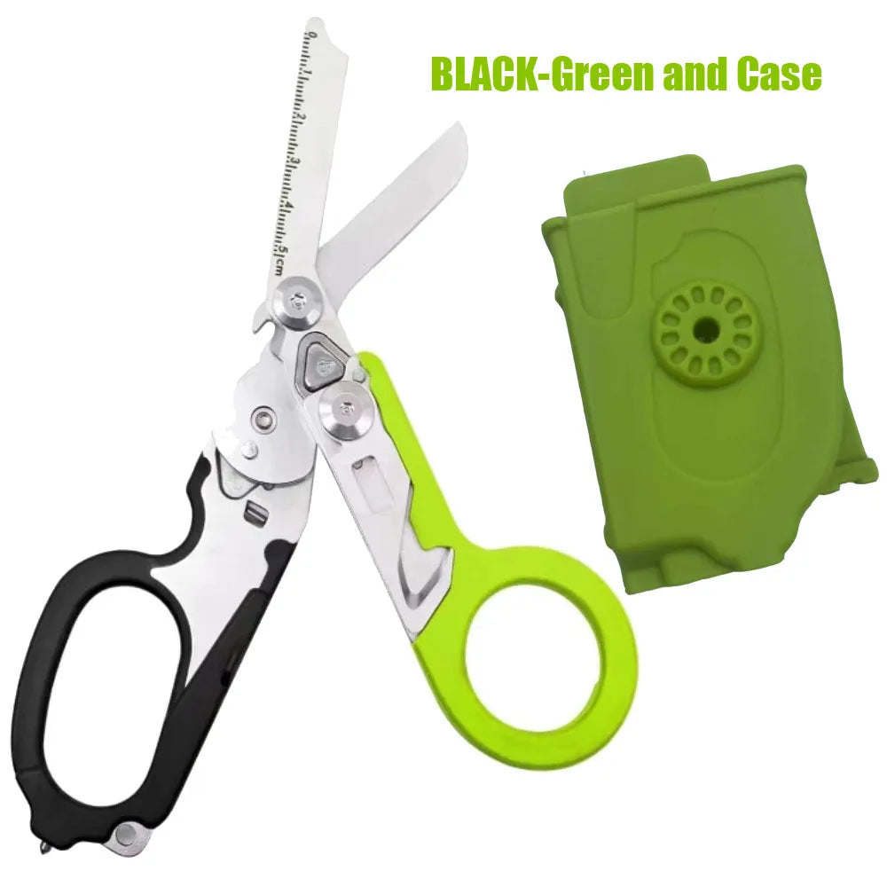 Black-green tactical folding rescue scissors and matching case