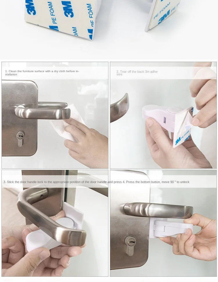 Instructions showing how to install a universal adhesive door latch for child safety on a door.