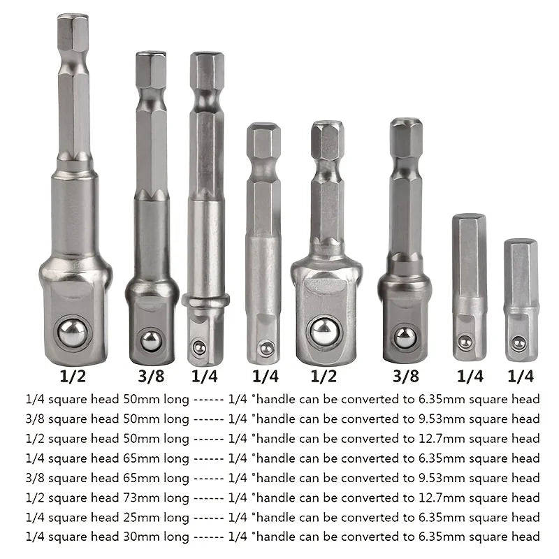 A set of multi-sized drill socket adapters for impact drivers, showing various sizes from 1/2 to 3/8 and 1/4 inch square head