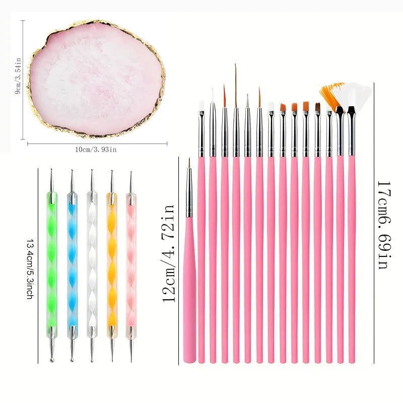 A set of professional nail art brushes in pink and black for acrylic and gel application.