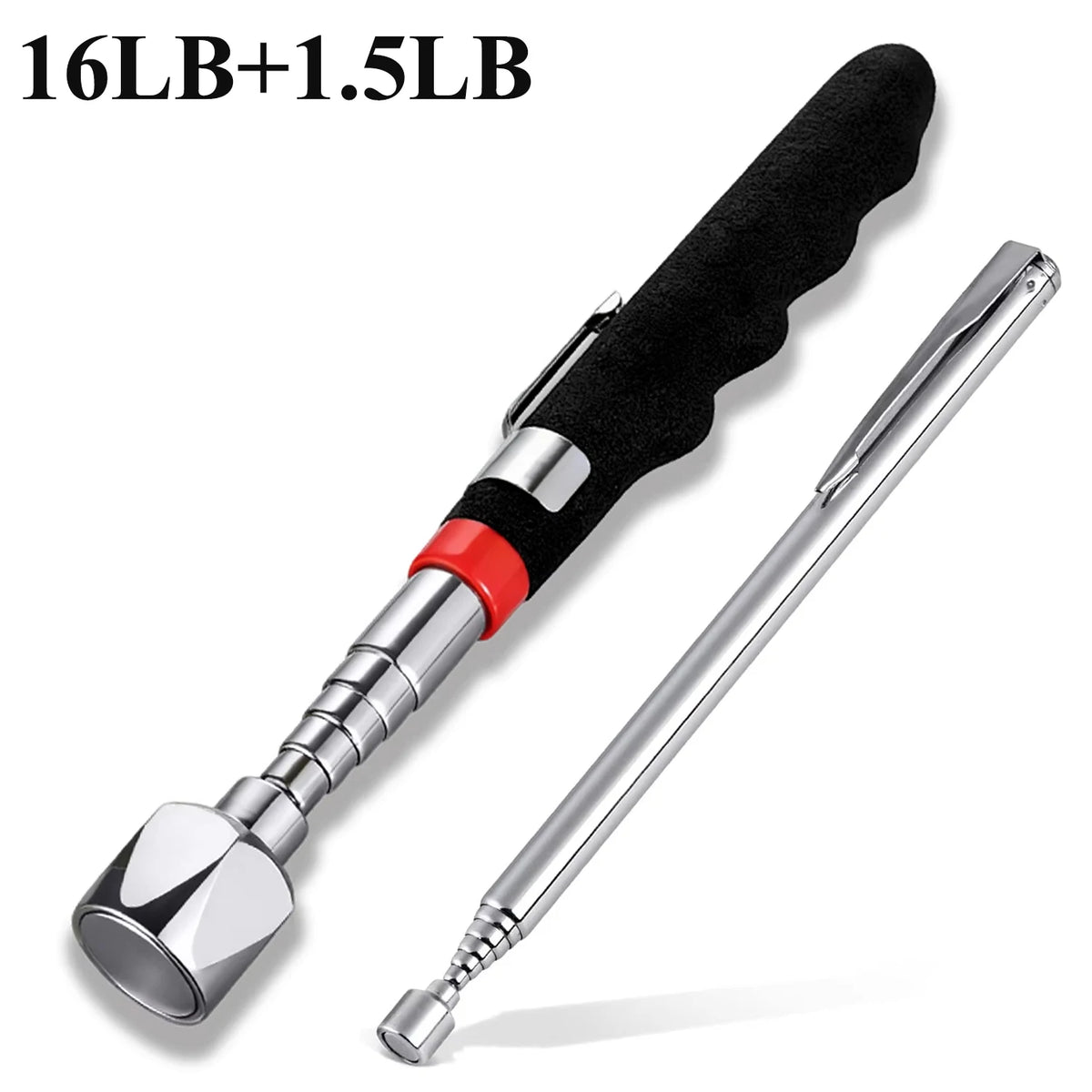 A silver telescopic magnetic pickup tool with a black handle and red accent is shown against a white background.