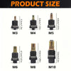 A set of precision rivet nuts in various sizes M3, M4, M5, M6, M8, and M10 shown vertically.