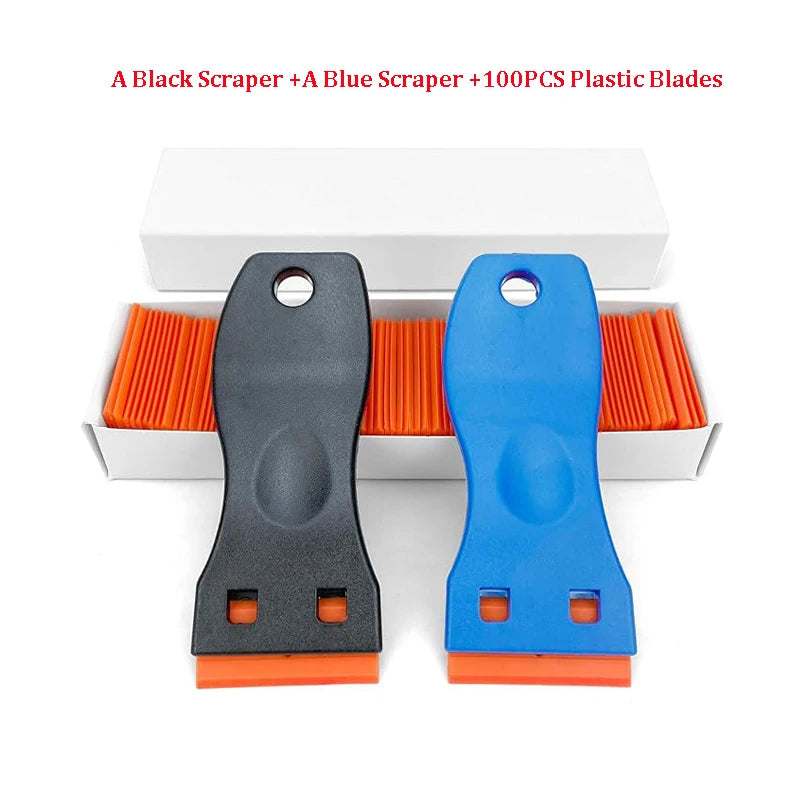 A set of black and blue plastic scrapers with 100 pieces of plastic blades in a white box.
