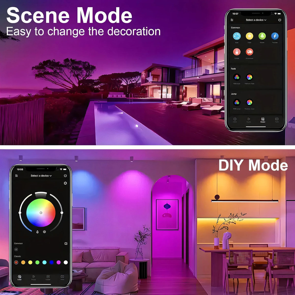 A split image showing Scene Mode and DIY Mode for an RGB LED Smart Strip Lights with Music Sync, demonstrating lighting contr