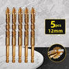 مجموعة من خمسة رؤوس مثقاب من الكربيد باللون الذهبي، مقاس 12 ملم، معروضة على سطح رخامي أبيض.