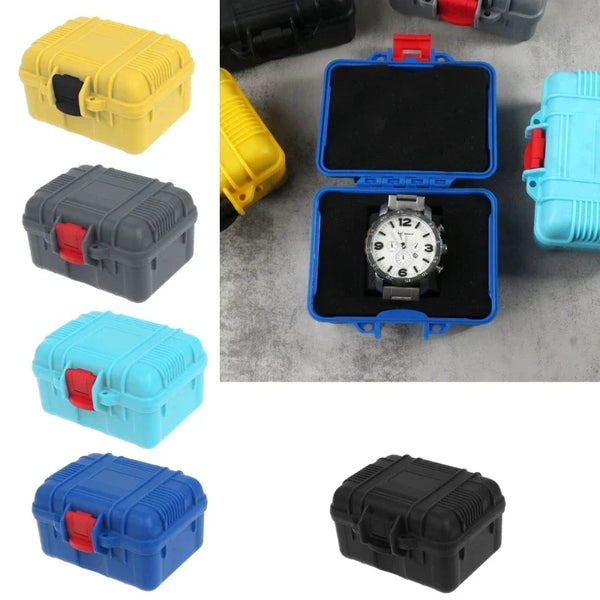 A collection of impact-resistant watch storage cases in various colors including yellow, black, cyan, and blue.
