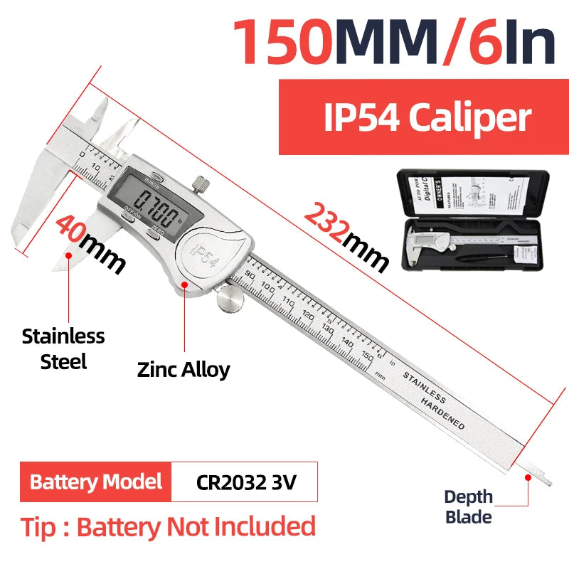 Set de calibrador digital con cuerpo de aleación de zinc y batería CR2032 3V.