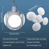 A white solar rechargeable LED camping light bulb is shown with a hanging hook and various light components.