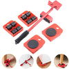 A set of red heavy duty furniture moving and lifting tools including a long rod, clamps, and rubber pads.