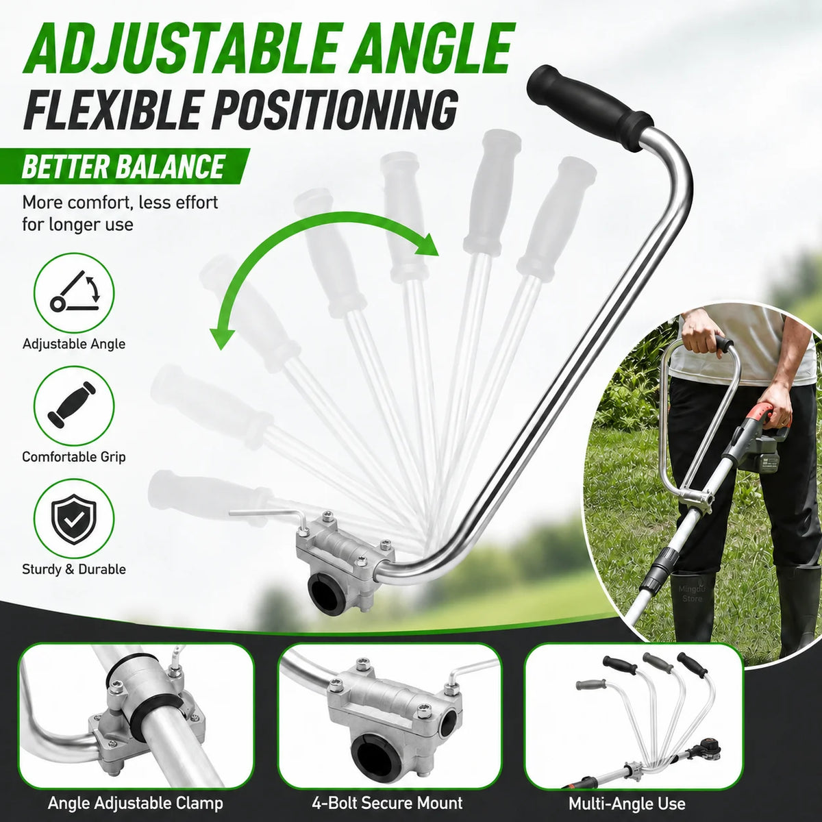 Adjustable angle flexible positioning handle for garden trimmers featuring a comfortable grip and sturdy mount