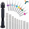 Precision micro drill bit set with adjustable vise showing various sizes and colors of drill bits.