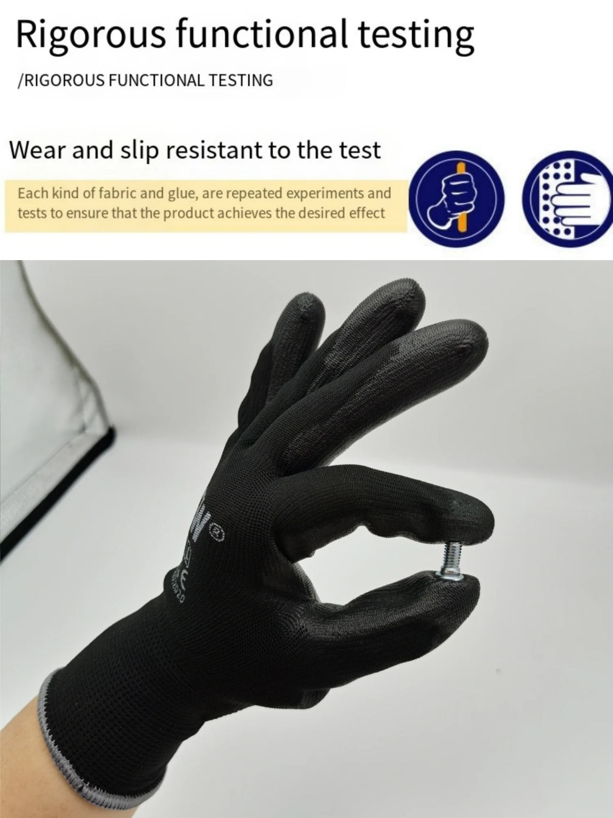 A hand wearing a black work glove being tested for durability and slip resistance.