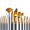 A collection of twelve nylon flat paint brushes with gold ferrules displayed vertically.