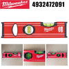 A red Milwaukee torpedo level set with a black casing and green illumination.