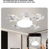 A modern ceiling fan with a bright light is installed in a room, shown alongside a hand holding a smartphone.